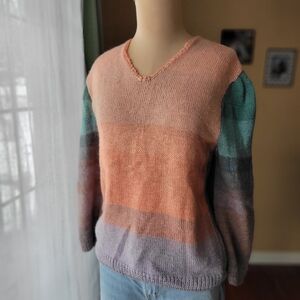 Handmade Hand Knit Pastel Ombre V-Neck Sweater, Size M, teal, peach, purple